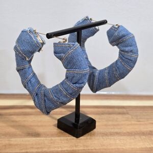 Y2K 00s Large 3.5" Handmade Demin Heart Shaped Hoop Dangle Fashion Earrings